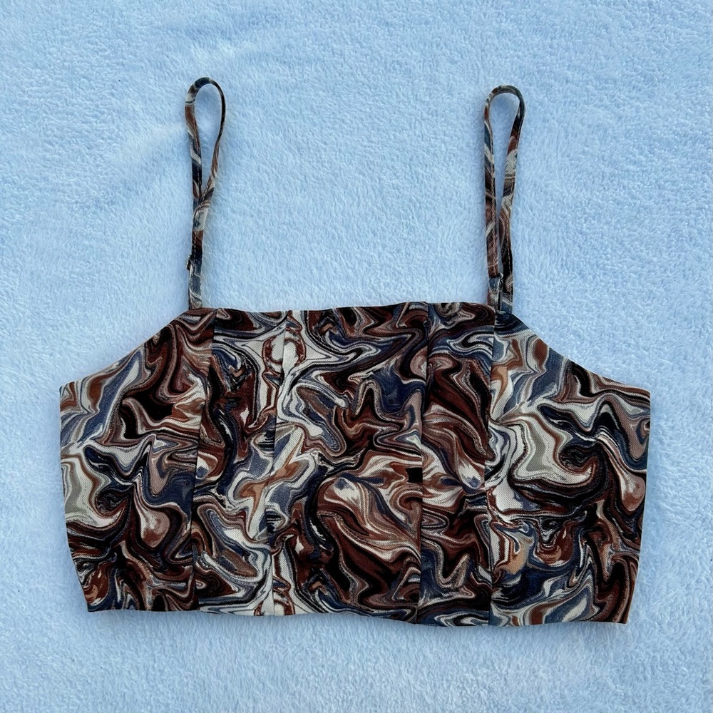 Forever 21 Marble Swirl Pattern Tank Crop Top Brown Gray Cream Sz.Large